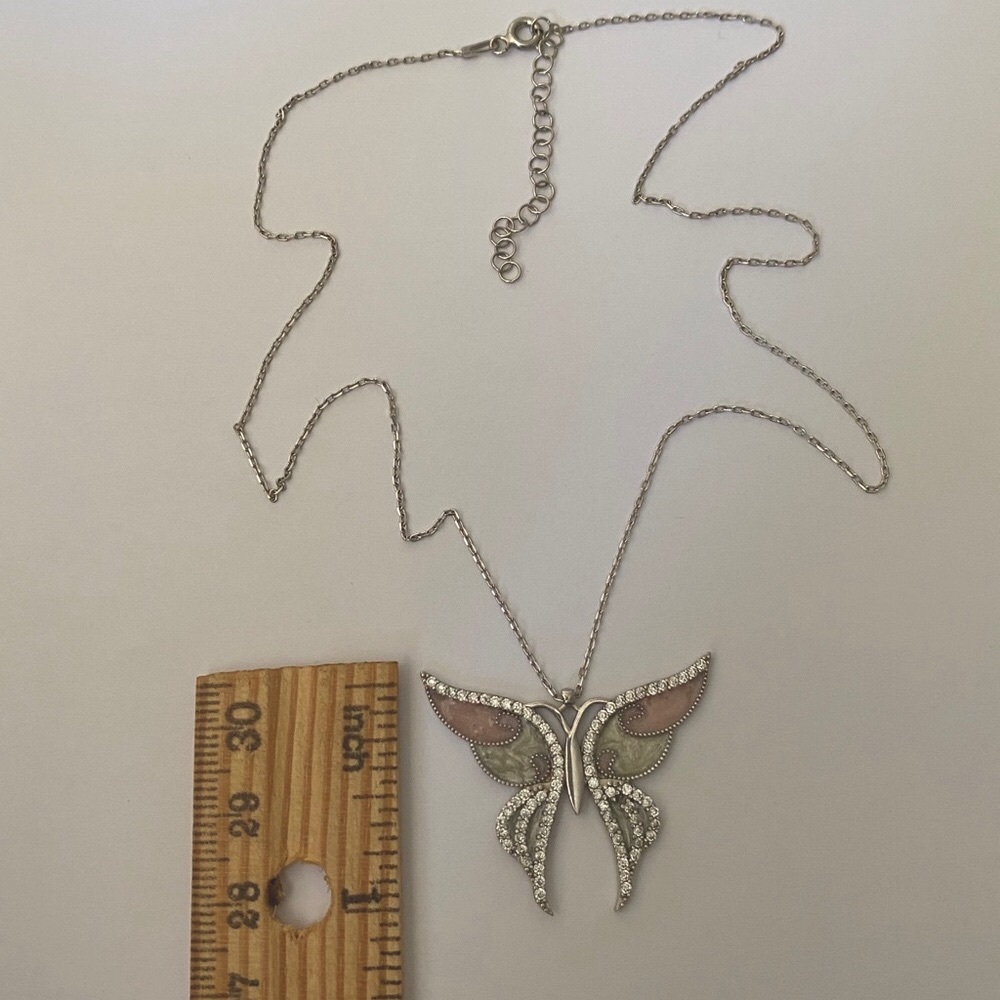 925 Silver handmade butterfly pink enamel necklace clear cubic zirconia stones - Picture 2 of 3